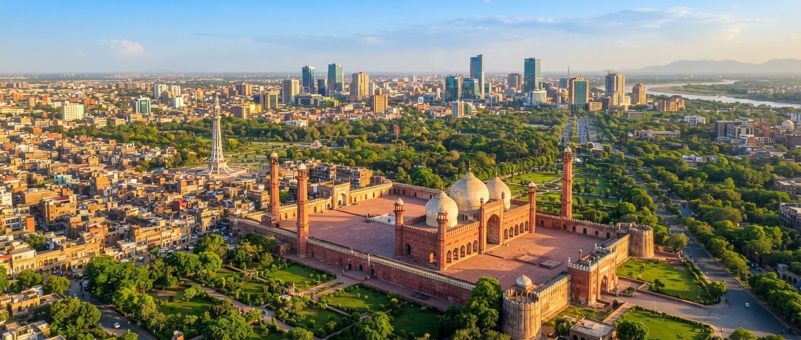 Aerial view of Lahore with the Badshahi Mosque and Minar-e-Pakistan